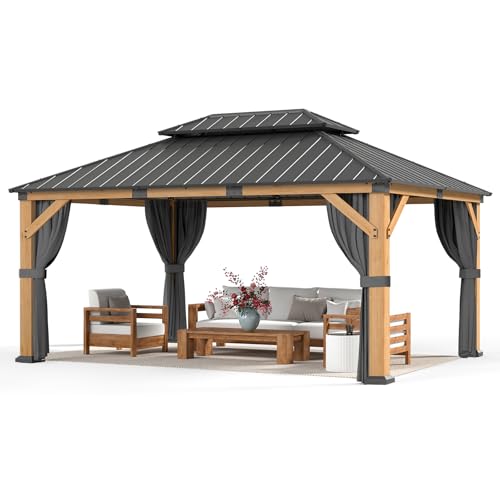 Jocoevol 12' X 16' Wood Gazebo Hardtop Outdoor Permanent Pavilion with Double Galvanized Steel Roof, Curtains and Netting, Snow Support, Wind Resistance, for Backyard Garden, Lawns, Patio