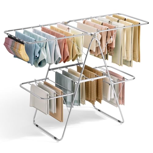 APEXCHASER Clothes Drying Rack with 4 Wings, Stainless Steel Drying Rack Clothing with Sock Clips, Metal Connectors, Height-Adjustable, Foldable Laundry Drying Rack, Indoor Outdoor Use, No Assembly