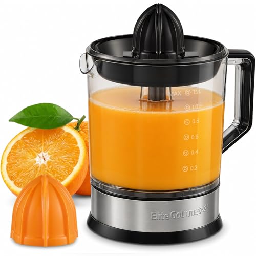 Elite Gourmet ETS740 BPA-Free 40-Watt Electric Citrus Juicer with 2 Cones, Compact, Large Volume, Pulp Control, Oranges, Lemons, Limes, Grapefruits with Easy Pour Spout, 1.2L, Black/Stainless Steel