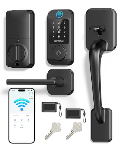 Wi-Fi Front Door Lock Set - HEANTLE Smart Locks for Front Door Built-in WiFi Keyless Entry Deadbolt with Handle Set Fingerprint Smart Electronic Deadbolt, Works with Alexa & Google Assistant Black