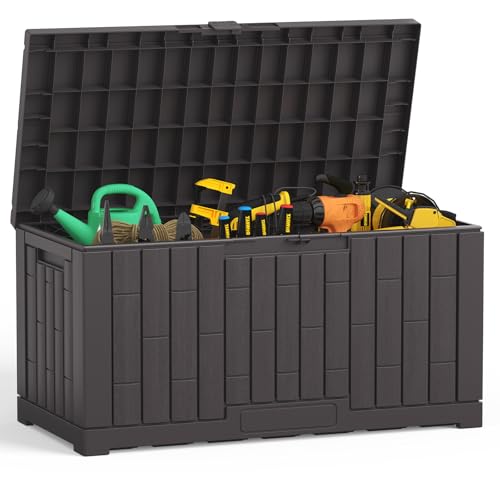 DUMOS 60 Gallon Deck Box, UV Resistant Waterproof Storage Bin for Patio Cushions Gardening Tools, Lockable Resin Outdoor Storage Box with Hundles, Brown