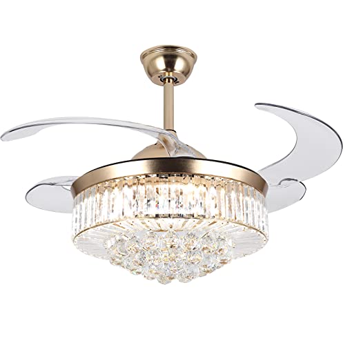 WWahuayuan 42" Invisible Ceiling Fan Chandelier with Light,Modern Crystal Ceiling Fan Light Remote Control 4 Retractable ABS Blades for Bedroom Living Room Dining Room Decoration