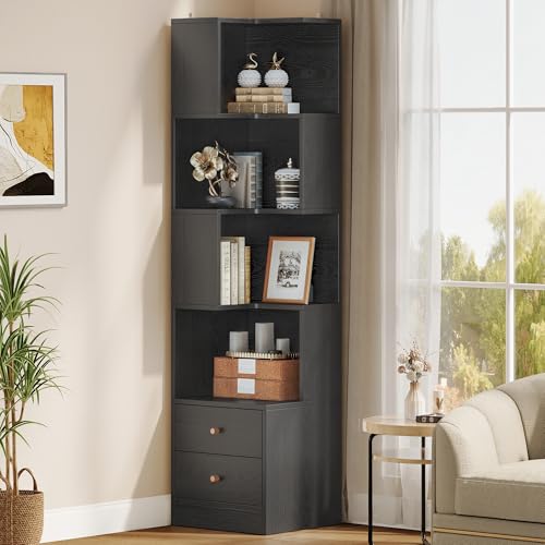 IRONCK Corner Bookshelf, 70.87" Tall Corner Bookcase with Drawers, Corner Shelf Storage Display Rack for Living Room Home Office, Black