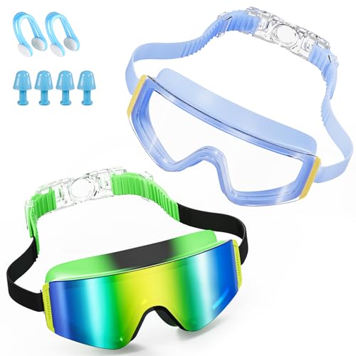 Aegend Kids Swim Goggles 2 Pack – Large Frame Anti Fog Soft Silicone Leak Proof UV Protection for Boys Girls Age 3-15 (Black/Emerald Green/Iridescent Gold Plated + Blue/Clear)
