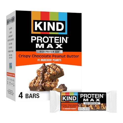 KIND Protein MAX Bars, Crispy Chocolate Peanut Butter, Gluten Free, Low Sugar, High Fiber Snacks, 20g Protein, 4 Count
