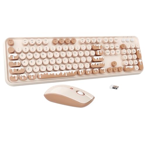 Wireless Keyboard and Mouse Combo, 2.4GHz Colorful Cute Round Keycaps Keyboard for Office Computer PC Desktops Laptop (104 Keys Ice Cream)