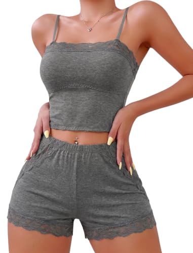 Avidlove Womens Pajama Sets 2 Piece Lingerie Sleepwear Cute Cami Shorts Pjs Set Soft Sexy Lace Trim Nightwear Grey S
