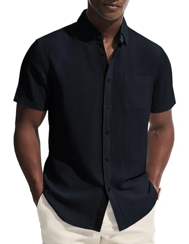 PJ PAUL JONES Mens Button Down Shirt Linen Short Sleeve Dress Shirts for Men Beach Summer Wedding Untucked Shirt Navy