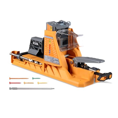 BORA Automatic Pocket Hole Jig with 50 Color-Coated Screws, Auto Adjusting Drill Guide, Pocket Hole Jig Kit for Woodworking - For Materials 1/2 inch to 1 1/2 inch Thick, Power Tool Accessory Jigs
