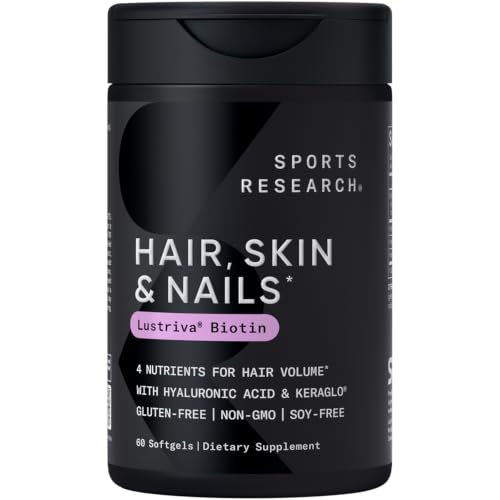 Sports Research® Hair, Skin & Nails Complex - Supports Hair Growth, Glowing Skin & Strong Nails - w/Lustriva® Biotin, Collagen, Hyaluronic Acid & KeraGLO® Keratin - Non-GMO, Gluten-Free, 60 Softgels