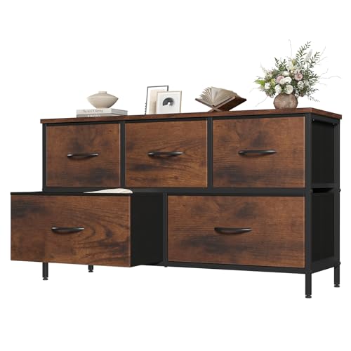 OLIXIS 5 Drawer Dresser for Bedroom, Closet Chest Organizer Furniture, TV Stand for Living Room Hallway, Wide Fabric Storage Tower with Wooden Top and Metal Frame, Brown