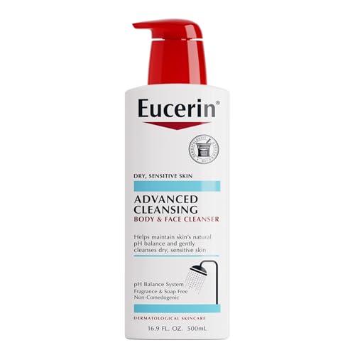 Eucerin Advanced Repair Cleansing Body and Face Cleanser, Gentle Face and Body Wash for Normal to Dry, Sensitive Skin, Soap Free and Unscented, 16.9 FL OZ Bottle