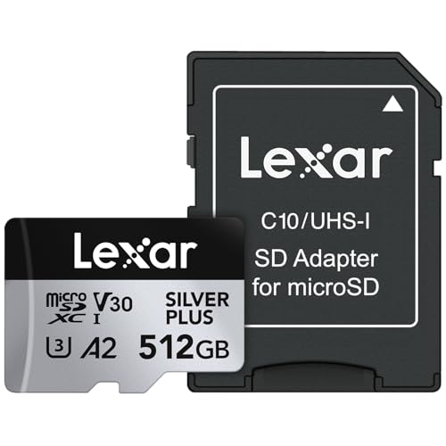 Lexar 512GB Professional Silver Plus Micro SD Card, UHS-I, C10, U3, V30, Full HD & 4K, Up to 205/150 MB/s microSDXC Memory Card, for Videographers, Gamers (LMSSIPL512G-BNANU)