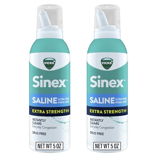 VICKS Sinex Saline Extra Strength Nasal Spray, 3X Concentrated* Drug Free Ultra Fine Mist, Instantly Clears Mucus, Ultra Concentrated to Clear Congestion Fast, Safe For Daily Use, 5 OZ x 2
