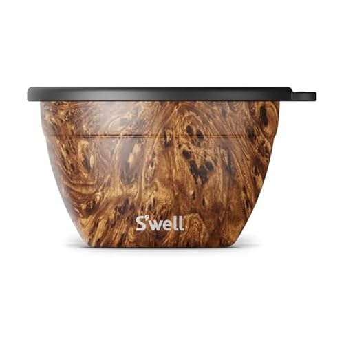 S’well Stainless Steel 64oz Salad Bowl Kit, Teakwood Finish, Includes 2oz Condiment Container and Removable Tray, Leak-Proof and Easy to Clean, Dishwasher Safe