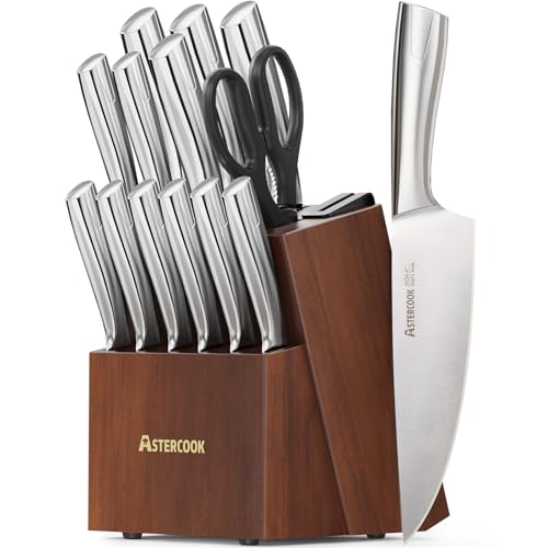 Astercook Knife Set, Kitchen Knives Set with Block and Sharpener Full Tang 15 Pcs Premium Stainless Steel Knives, Dishwasher Safe Knife Set with Anti-slip Ergonomic Handle, Walnut, Mothers Day Gifts