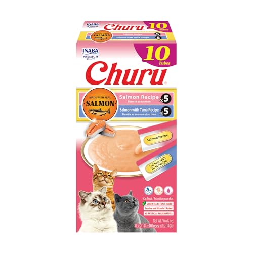 INABA Salmon Churu Cat Treats, Lickable, Squeezable Creamy Purée Cat Treat with Green Tea Extract & Taurine, 0.5 Ounces Each Tube, 10 Tubes, Salmon & Tuna Variety