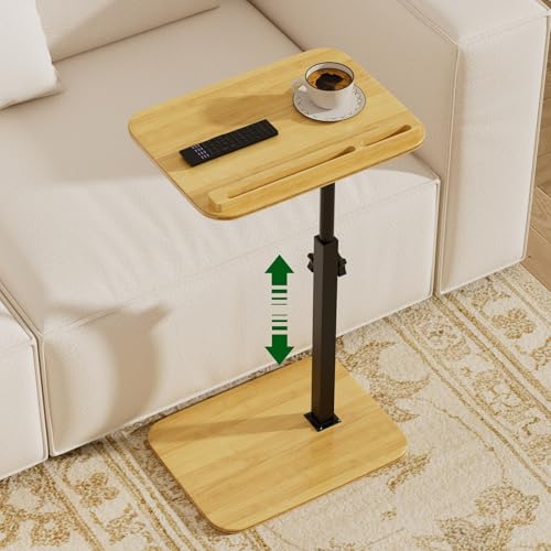 promitop Adjustable Bamboo End Table for Couch, 360° Swivel C Shaped Side Table with Height Adjustment, Sofa & Bedside Table for Working, Eating & Reading, TV Tray Alternative, Space Saving