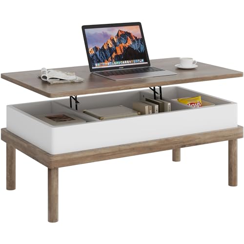 Shintenchi Coffee Table, Lift Top Coffee Table with Hidden Compartment, Rising Tabletop Dining Table, Lift Top Coffee Center Table for for Living Room, Office, Home (Ivory)