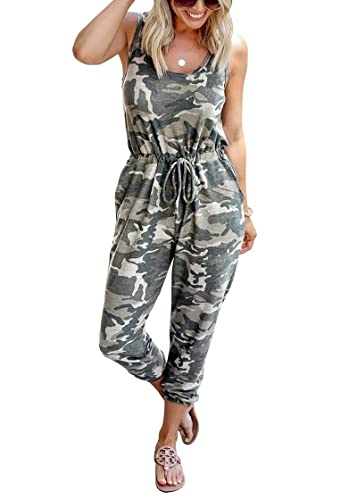 KIRUNDO Women 2026 Summer Jumpsuits Casual Sleeveless Drawstring Elastic Waist Romper Vacation Cruise Airport Travel Outfits(Medium, Camouflage)