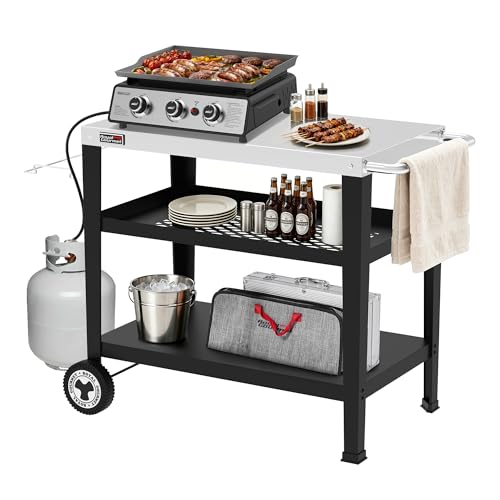 Royal Gourmet PC3404S Rolling Dining Table with Trash Bag Holder, Outdoor Garden Patio BBQ Kitchen Food Prep Table Cart, 34"L x 20"W Stainless Steel Tabletop, Silver & Black