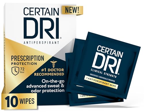 Certain Dri Antiperspirant Wipes for Excessive Sweating & Hyperhidrosis – 72HR Clinical Strength Odor & Perspiration Protection, Travel-Friendly, Dermatologist Recommended, (10 Count)
