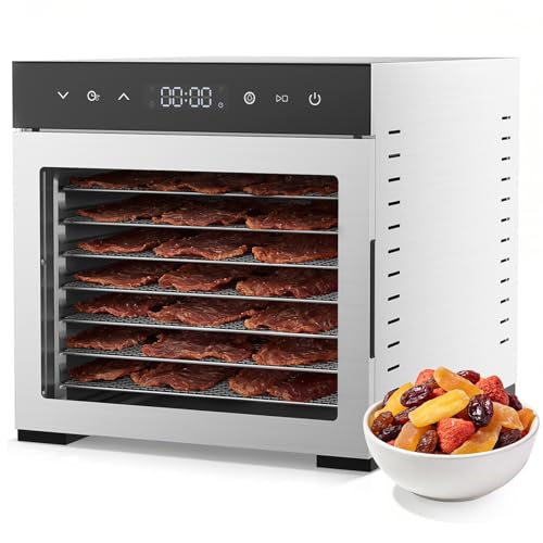 OLIXIS Food Dehydrator Machine, 500W Jerky Dehydrators with 8 Stainless Steel Large Trays, 185°F Temperature Control & 24H Timer Food Dryer for Fruit Meat Herb Dog Treats, Silver