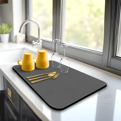 STRABELLA Dish Drying Mat Super Absorbent – 16" x 12" Coffee Mat for Countertops – Non-Slip Drying Mat for Kitchen Counter – Easy to Clean Water Absorbent Mat – Quick Dry Dish Drying Mats (Dark Gray)