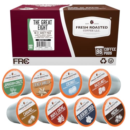 Fresh Roasted Coffee, The Great Eight, Flavored Coffee Pod Variety Pack Flavored K-Cup Pods for Keurig Brewers, Medium Roast, Kosher, 96 Count Loose Pack