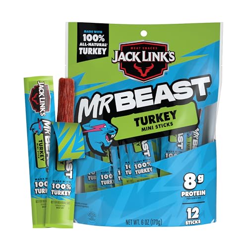 Jack Link's x MrBeast Mini Turkey Jerky Sticks - Individually Wrapped Protein Snacks - 8g Protein per Serving - Made with 100% All Natural Turkey - (12 Pack) 0.5 oz Meat Sticks