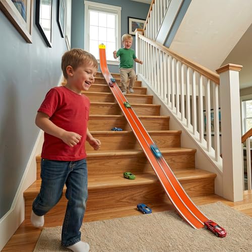 Flex Track 15ft for Kids, Build-Your-Own Creative Race Track Set, Vibrant Orange & White with Toy Cars & Parts