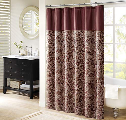 Madison Park Aubrey Shower Curtain Paisley Jacquard Pieced Microfiber Faux Silk Modern Home Bathroom Decorations, 72x72, Burgundy