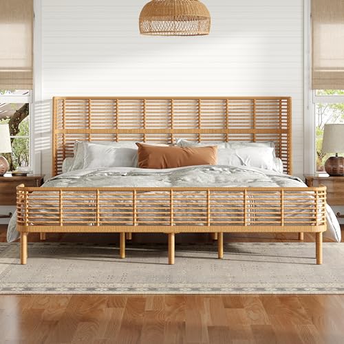 Christopher Knight Home Lamar Boho Rattan King Bed Frame and Headboard, Farmhouse PE Wicker King Size Bed Frame, Metal King Platform Bed Frame, No Box Spring Needed, Easy Assembly, Natural Finish