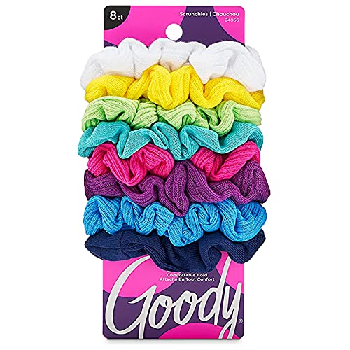 Goody Ouchless Jersey Scrunchies - 8 Ct, Assorted Neon Rainbow Tones, Damage-Free, Dentless & Secure Hold Hair Ties, Gentle Hair Accessories for Women & Men, All Day Comfort, All Hair Types