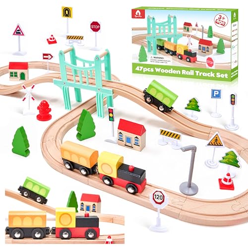 47Pcs Wooden Train Set for Toddlers, Wooden Train Track - Expandable and Changeable, Safe Educational Train Toys Gift for Boys & Girls Kids Ages 3-5 4-8, Compatible with All Major Brands