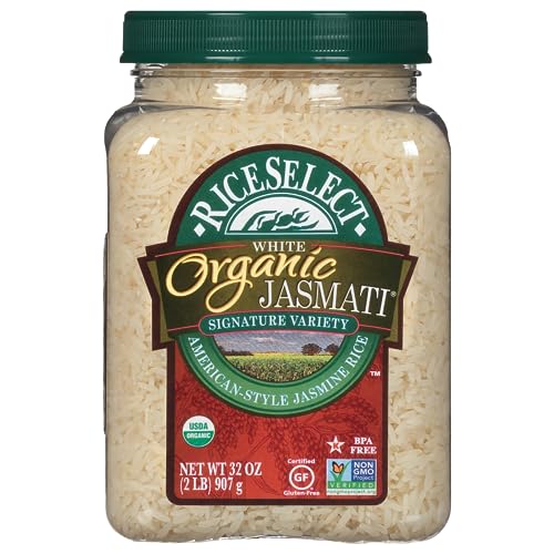 RiceSelect Organic Jasmati White Rice for Asian-Food-Inspired Recipes, Premium Non-GMO Gluten-Free Long-Grain Jasmine Rice, 32-Ounce Jar