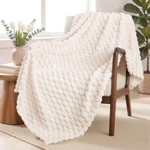 Exclusivo Mezcla Fleece Throw Blanket for Couch, Extra Large Fuzzy Ivory Bed Blankets, Soft Cozy Plush Sofa Throws for All Seasons, 50x70 Inches