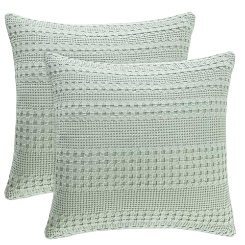 PHF 100% Cotton Waffle Weave Pillow Covers 24" x 24", 2 Pack Luxury Square Shell for Elegant Home Decor, No Filling, Luxury Aesthetic Soft Pillow Covers for Bed, Mint Green