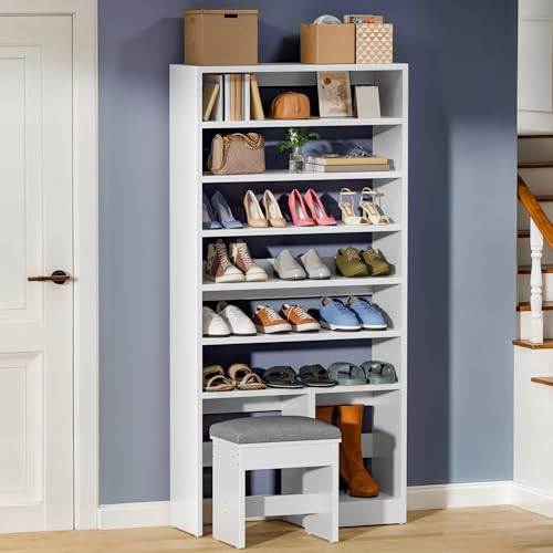 YITAHOME Shoe Cabinet with Hidden Bench, 8 Tiers Free Standing Shoe Racks, 70.9'' Tall Shoe Cabinet with Open Storage & High Boots Cubby for Entryway, Living Room, White