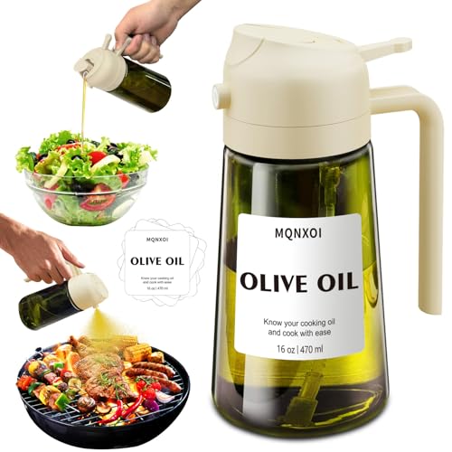 2 in 1 Glass Oil Sprayer & Dispenser,16oz/470ml Olive Cooking, Air Fryer, and Salad, for Kitchen Gadgets and Air Fryer Accessories, w/Stickers (White + Dark Green Bottle1)