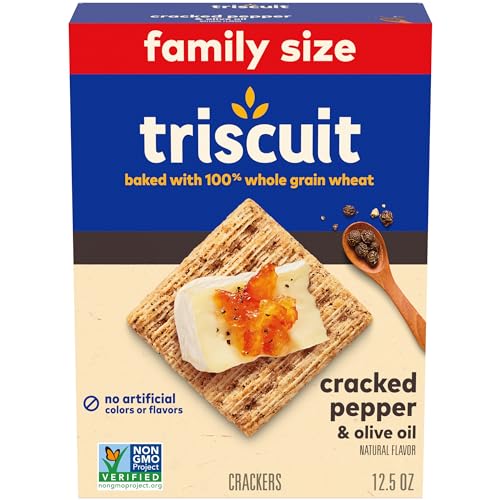 Triscuit Cracked Pepper & Olive Oil Whole Grain Wheat Crackers, Lunch Snacks, Snack Crackers, Family Size, 12.5 oz