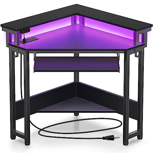 Rolanstar Corner Desk, 44.5" W x 34.5" H Carbon Fiber Computer Desk with Power Outlets, LED Lights and Keyboard Tray, Small Office Computer Desk with Monitor Stand for Small Space, Carbon Black