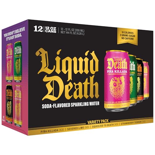 Liquid Death Soda-Flavored Sparkling Water - Modern Variety, Less Sugar*, Huge Flavor, No Caffeine, No Artificial Sweeteners, 4 Flavors: Lime, Orange, Strawberry, Piña Killada 12 Fl Oz (Pack of 12)