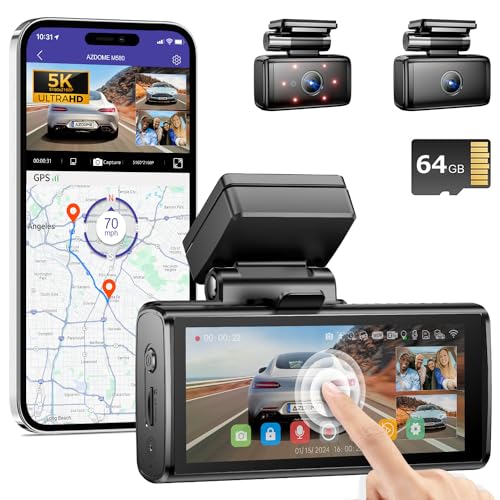 AZDOME 5K 3 Channel Dash Cam, Free 64GB Card, 4" Touchscreen Car Camera, 5G WiFi GPS Dashcam Front and Rear Inside 4K+1080P+1080P, IR Night Vision Driving Recorder, G-Sensor Parking Mode (M580)