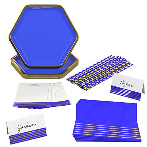 Hallmark Crayola Hallmark Color Pop Indigo Blue and Gold Party Supplies (12 Paper Plates, 12 Paper Straws, 12 Place cards, 24 Napkins) for Birthdays, Hanukkah, Baby Showers, Graduations, Father's Day