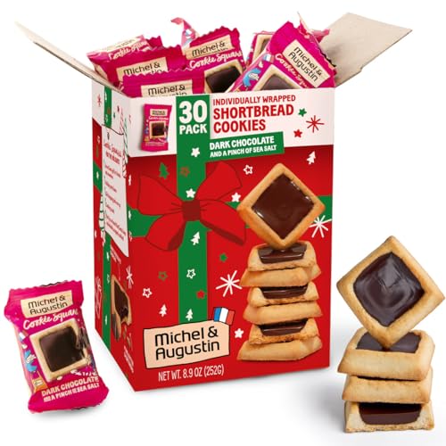 Michel et Augustin Christmas Cookies, French Shortbread Cookie Squares with Dark Chocolate & Sea Salt, Holiday Cookies Individually Wrapped, Butter Cookie Gift Basket, 30 Changemakers per Box