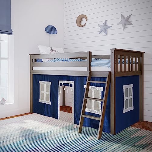 Max & Lily Low Loft Bed, Twin Bed Frame For Kids, Clay and Underbed Curtain for Low Bunk Bed/Low Loft Bed, Play Curtain for Kids, Cotton Privacy Curtain for Bottom Bunk, 2 Panel Curtain Set Hot Blue/White