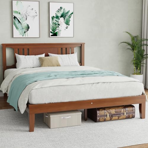 DUMOS Solid Wood Bed Frame with Headboard, Queen Size Platform Bed Frame, Sturdy Wood Slat Support, Heavy Duty Pine Wood Bed Frame for Bedroom, No Box Spring Needed