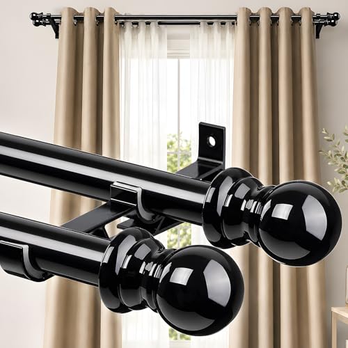 Double Curtain Rods For Windows, 1 Inch Heavy Duty Drapery Rod Set, 28-60" Adjustable with Brackets, Sturdy Decorative Curtain Pole For Sheer, Blackout Curtains And Drapes,Black