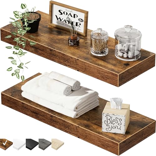 QEEIG Bathroom Floating Shelves for Wall - 15.7" Wall Mounted Shelf Over Toilet Farmhouse Home Decor Display Bookshelf Small 15.7 x 6.7 inch Set of 2, Rustic Brown (008-40BN)